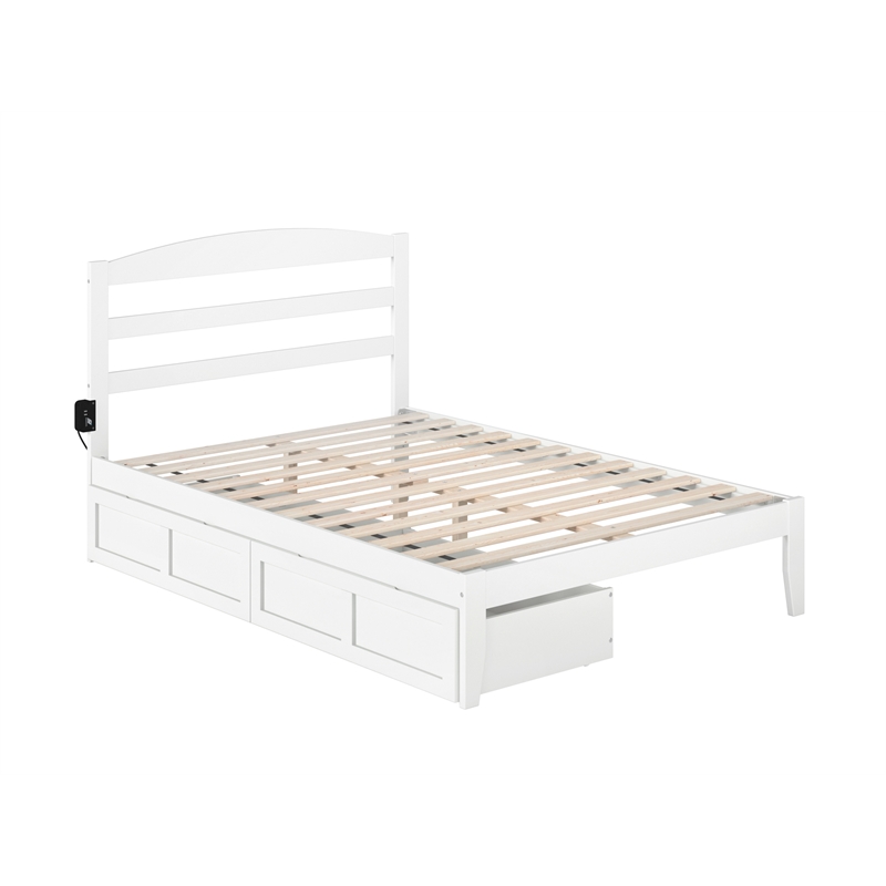 AFI Warren Solid Wood Full Bed with 2 Storage Drawers and USB Charger in White