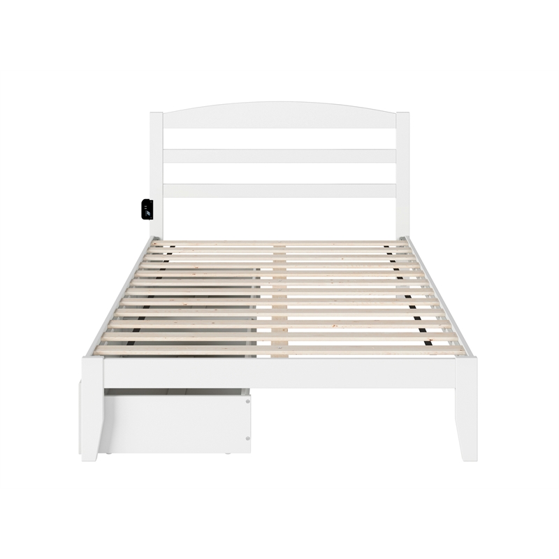AFI Warren Solid Wood Full Bed with 2 Storage Drawers and USB Charger in White