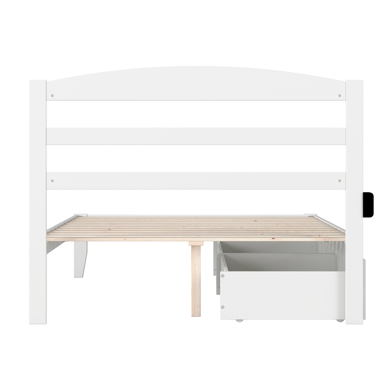 AFI Warren Solid Wood Full Bed with 2 Storage Drawers and USB Charger in White