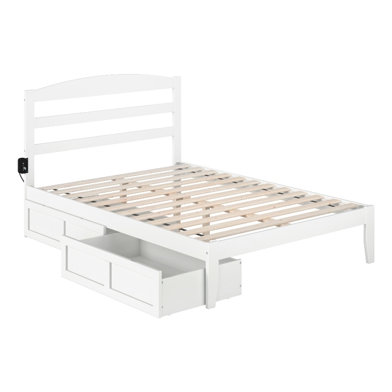 AFI Warren Solid Wood Full Bed with 2 Storage Drawers and USB Charger in White