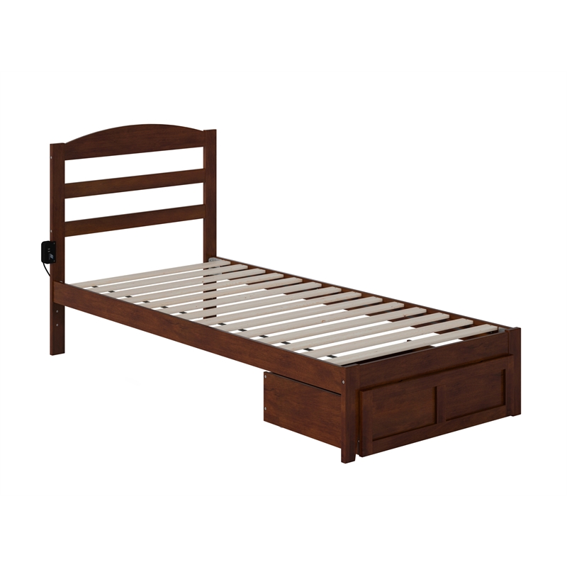 AFI Warren Solid Wood Twin Extra Long Bed with Foot Drawer in Walnut