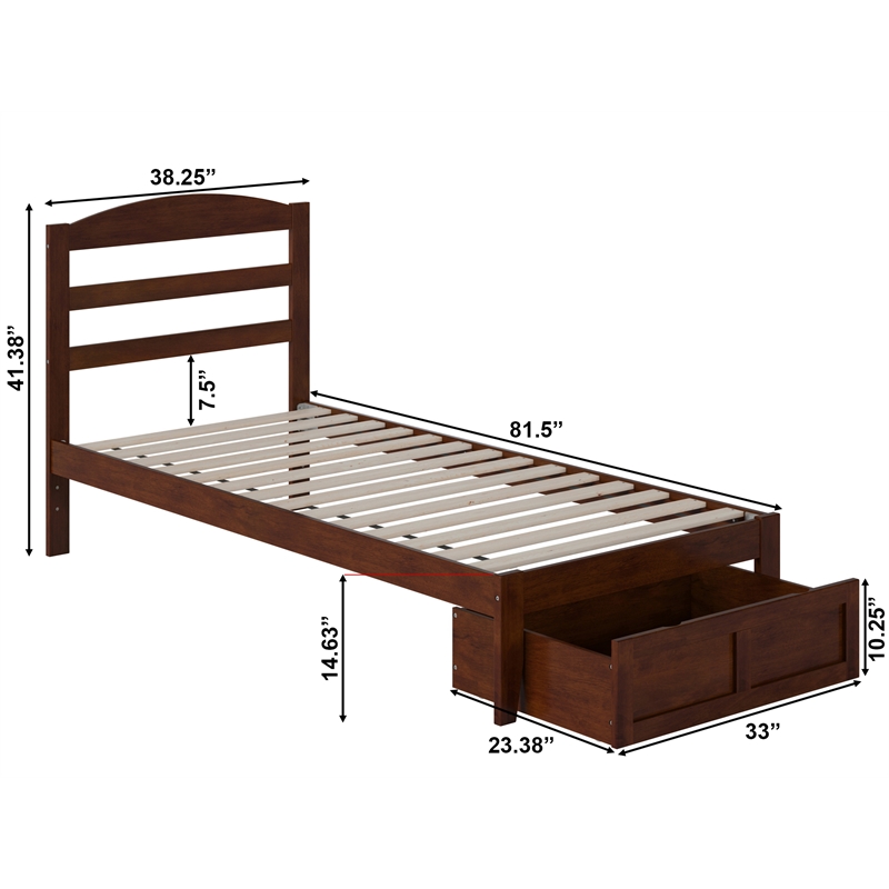 AFI Warren Solid Wood Twin Extra Long Bed with Foot Drawer in Walnut