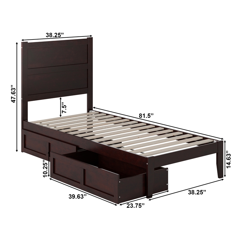 AFI NoHo Twin Extra Long Solid Wood Bed with 2 Drawers in Espresso