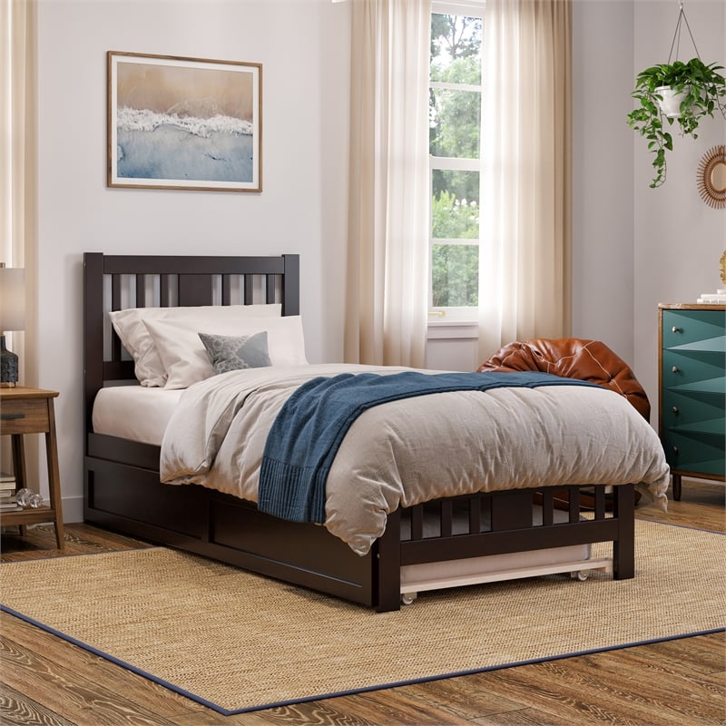 AFI Tahoe Wood Twin XL Platform Bed w/Footboard and Twin XL Trundle in Espresso