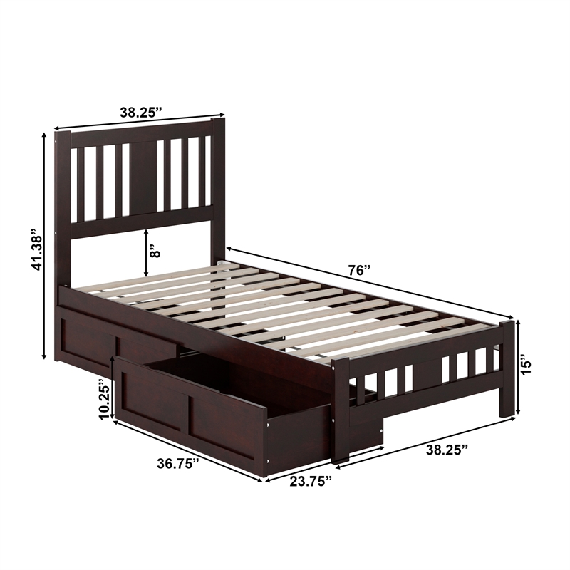 AFI Tahoe Solid Wood Twin Platform Bed with Footboard and 2 Drawers in Espresso