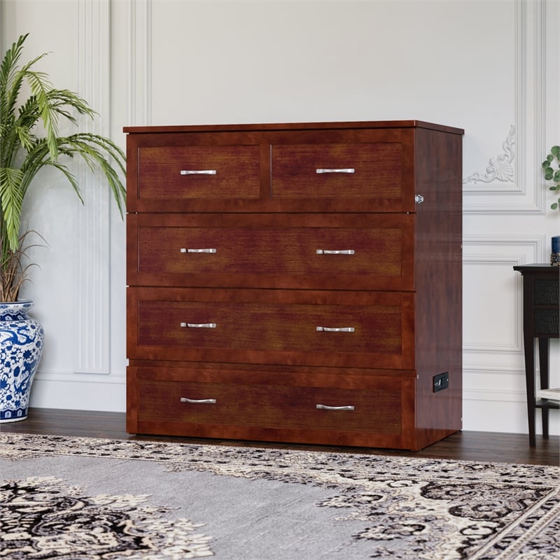 Northfield Twin XL Solid Wood Modern Murphy Bed Chest with Mattress in Walnut