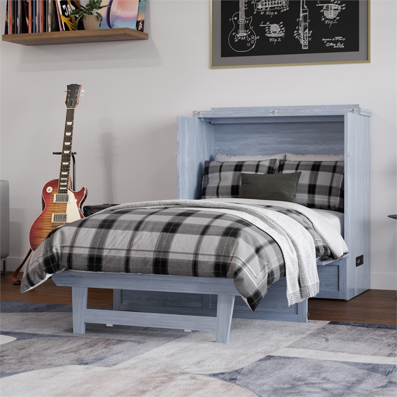 Northfield Twin XL Solid Wood Modern Murphy Bed Chest with Mattress in Driftwood