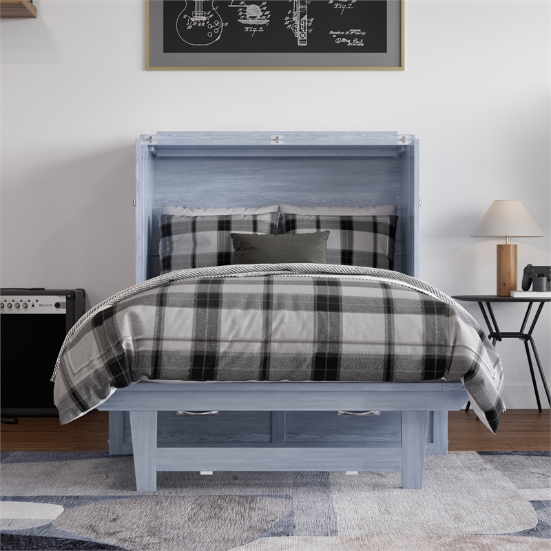 Northfield Twin XL Solid Wood Modern Murphy Bed Chest with Mattress in Driftwood