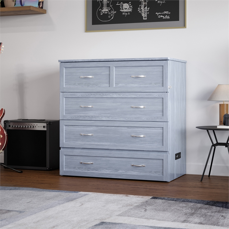 Northfield Twin XL Solid Wood Modern Murphy Bed Chest with Mattress in Driftwood