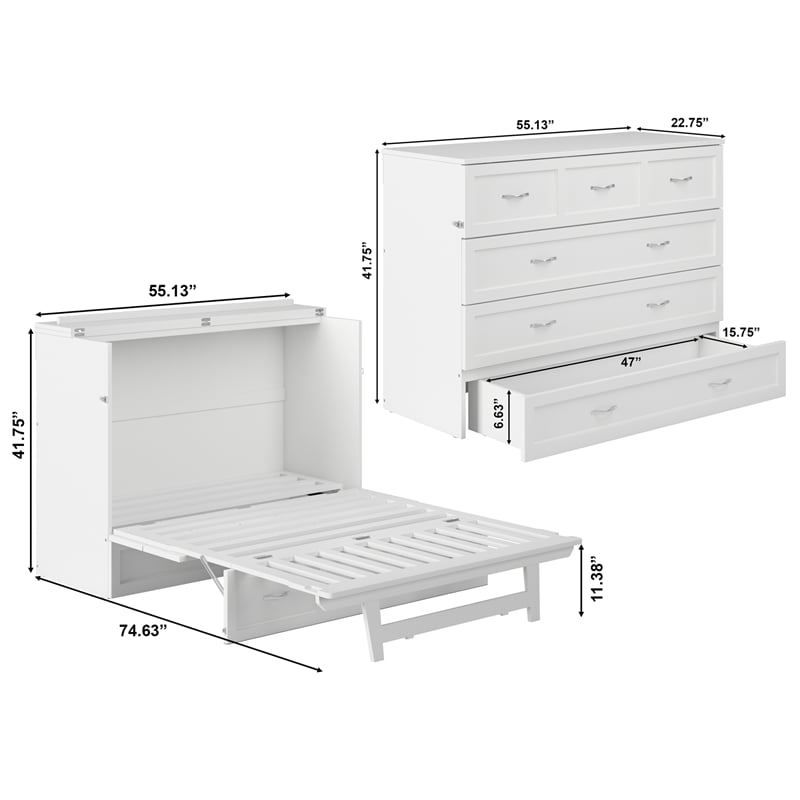 Northfield Full Solid Wood Modern Murphy Bed Chest with Mattress in White