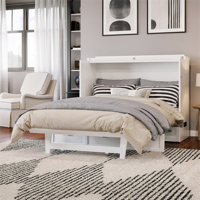 Northfield Full Solid Wood Modern Murphy Bed Chest with Mattress in White