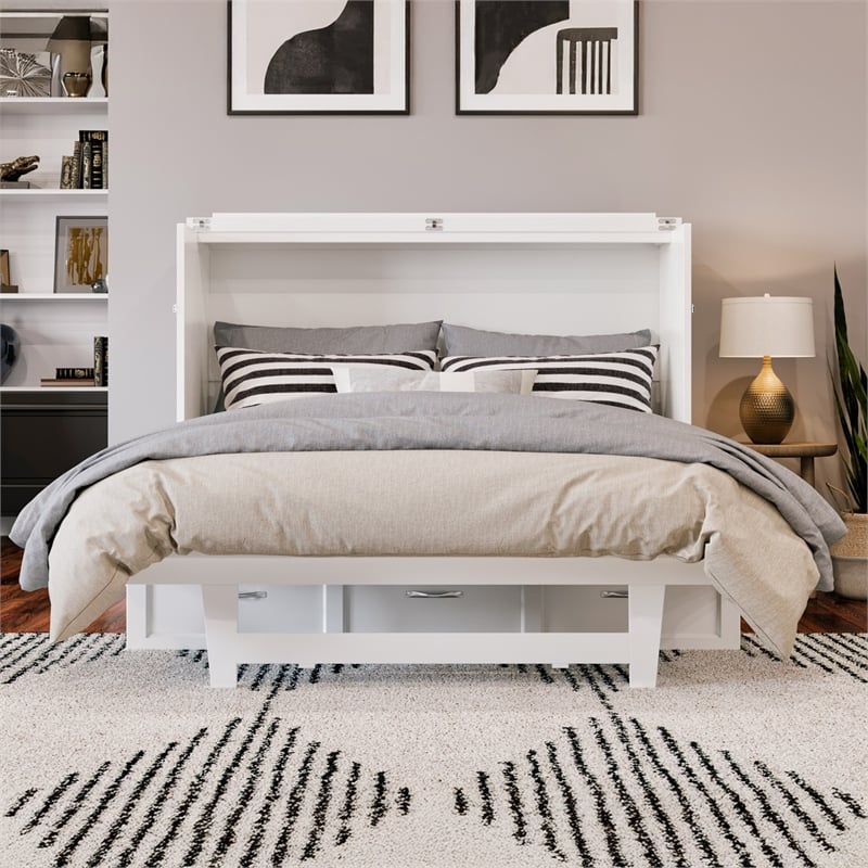 Northfield Full Solid Wood Modern Murphy Bed Chest with Mattress in White