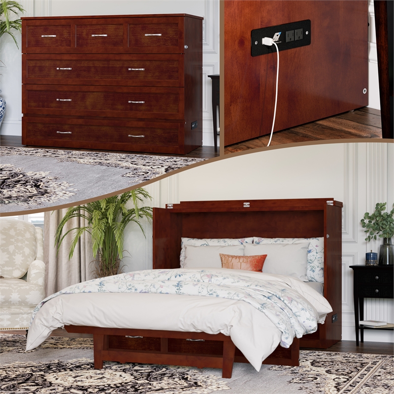 Northfield Full Solid Wood Modern Murphy Bed Chest with Mattress in Walnut