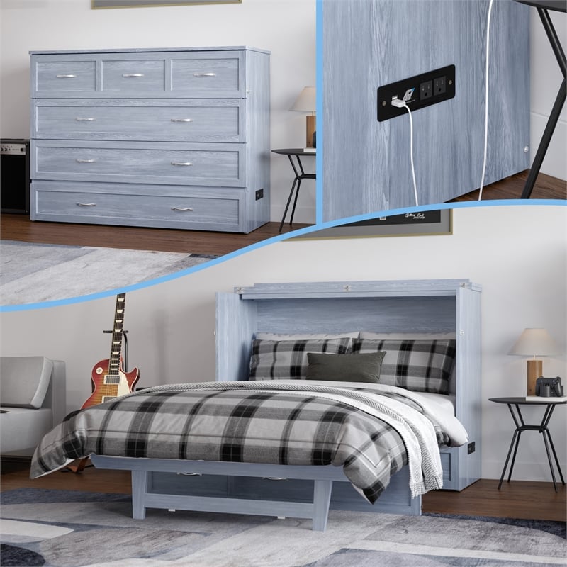 Northfield Full Solid Wood Modern Murphy Bed Chest with Mattress in Driftwood