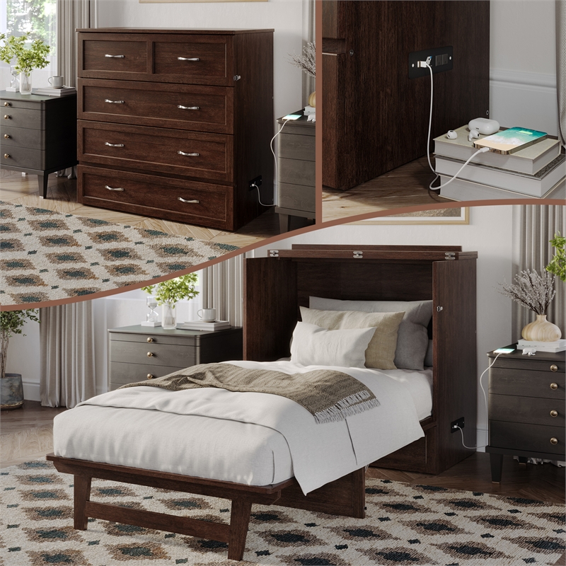Northfield Twin XL Solid Wood Modern Murphy Bed Chest with Mattress Burnt Amber