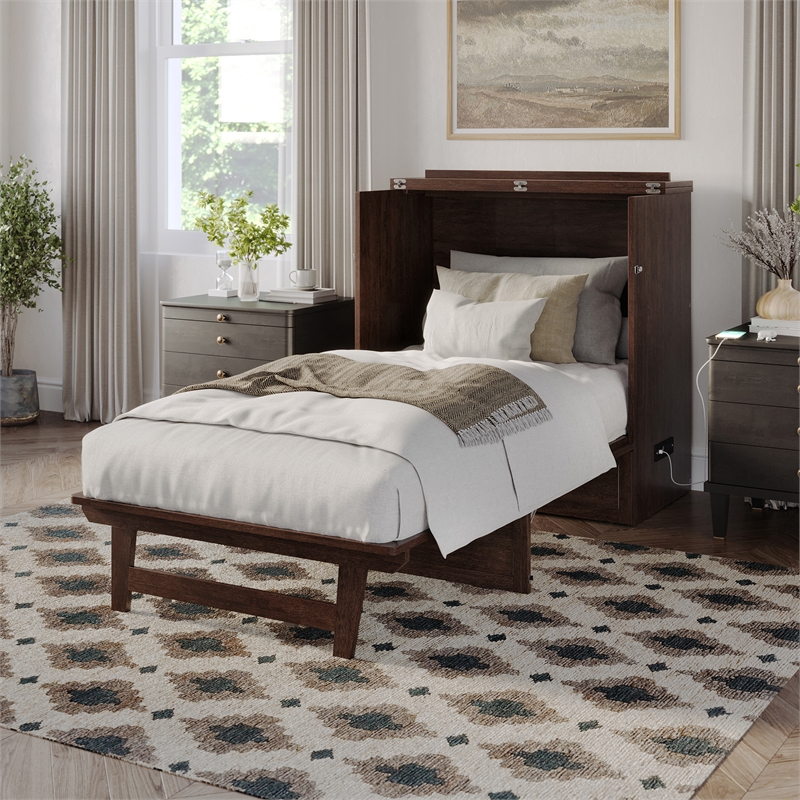Northfield Twin XL Solid Wood Modern Murphy Bed Chest with Mattress Burnt Amber