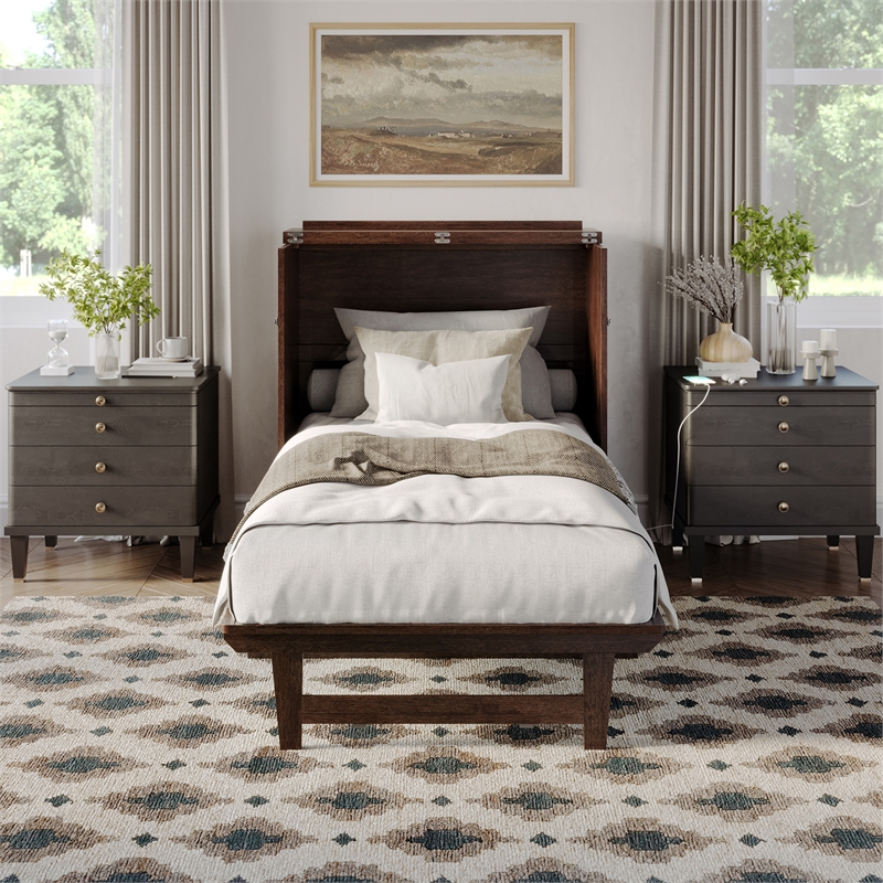 Northfield Twin XL Solid Wood Modern Murphy Bed Chest with Mattress Burnt Amber