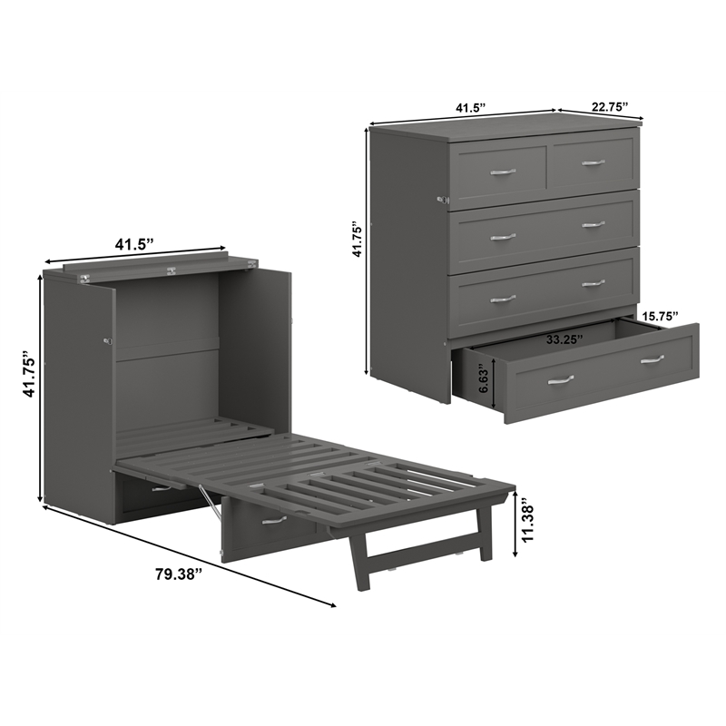 Northfield Twin XL Solid Wood Modern Murphy Bed Chest with Mattress in Gray
