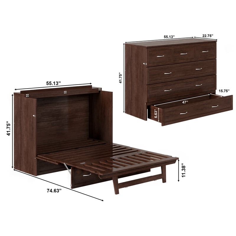 Northfield Full Solid Wood Modern Murphy Bed Chest with Mattress in Burnt Amber