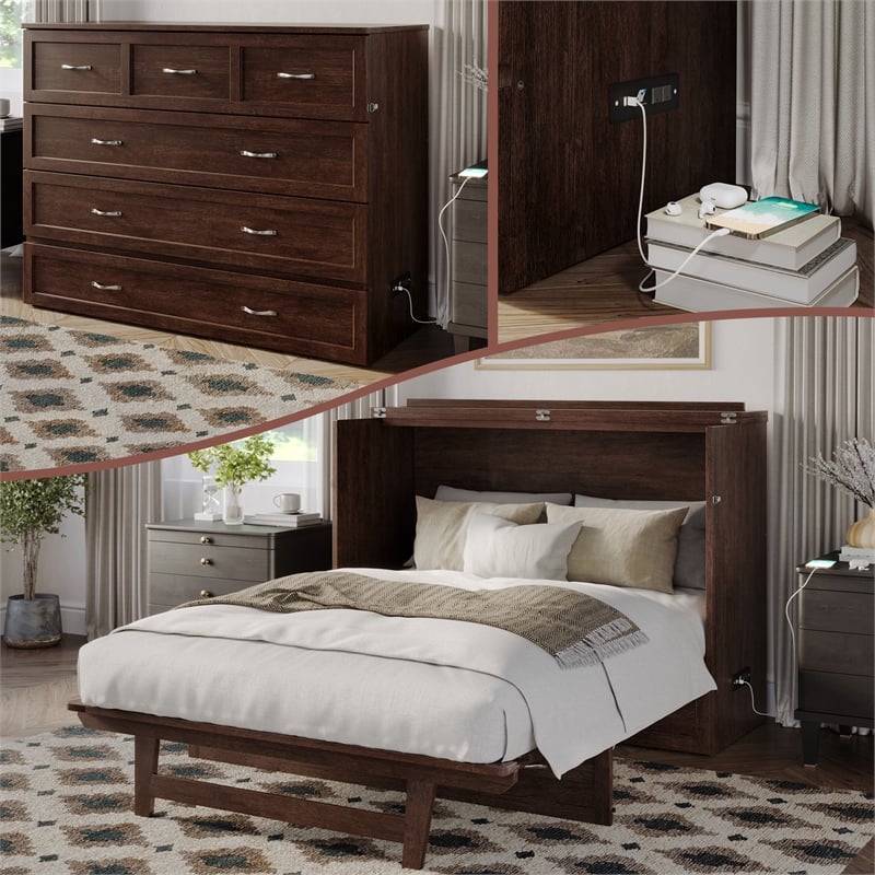 Northfield Full Solid Wood Modern Murphy Bed Chest with Mattress in Burnt Amber