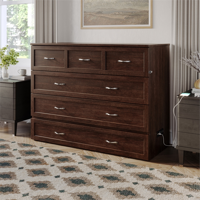 Northfield Full Solid Wood Modern Murphy Bed Chest with Mattress in Burnt Amber