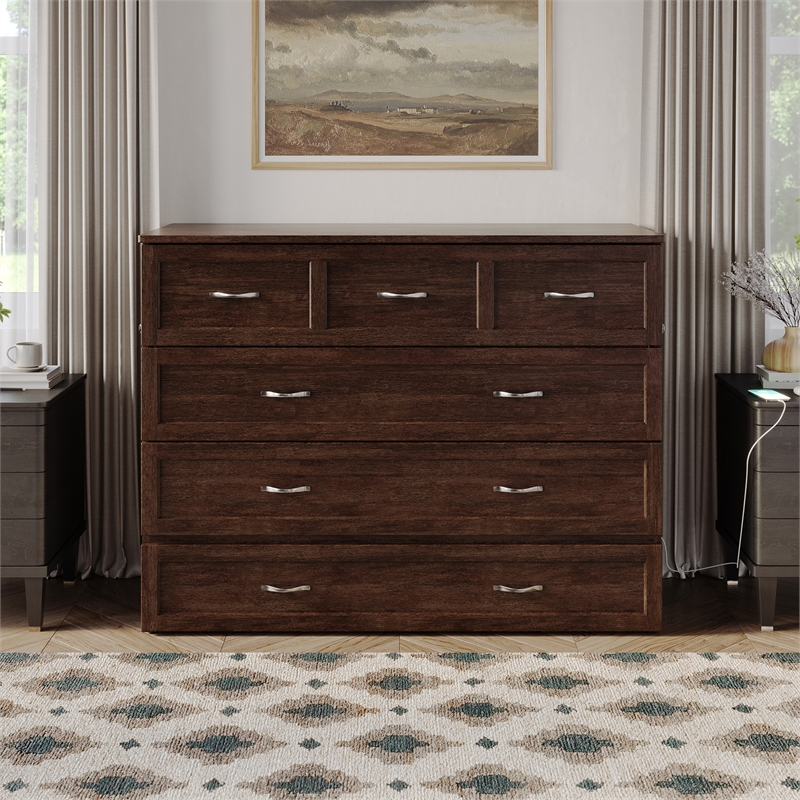 Northfield Full Solid Wood Modern Murphy Bed Chest with Mattress in Burnt Amber