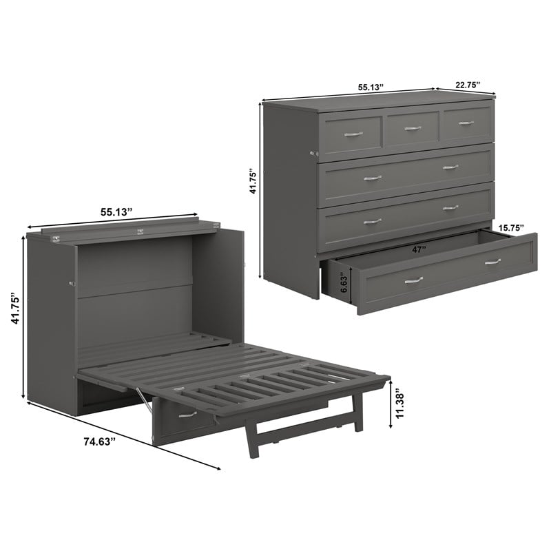 Northfield Full Solid Wood Modern Murphy Bed Chest with Mattress in Gray