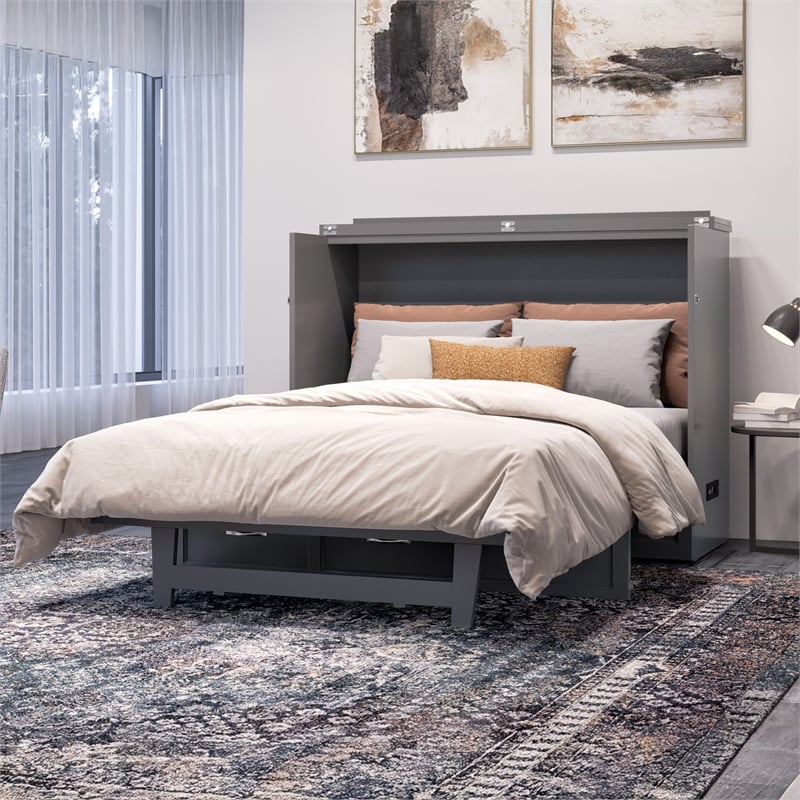 Northfield Full Solid Wood Modern Murphy Bed Chest with Mattress in Gray