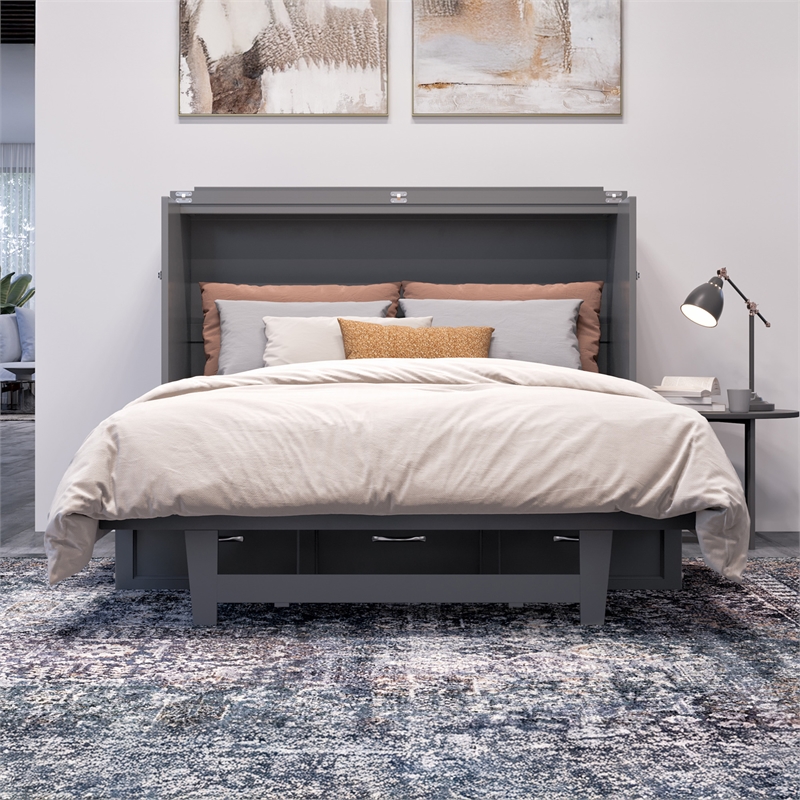 Northfield Full Solid Wood Modern Murphy Bed Chest with Mattress in Gray