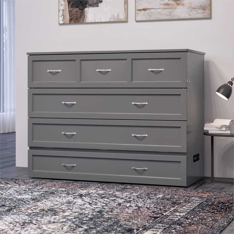 Northfield Full Solid Wood Modern Murphy Bed Chest with Mattress in Gray
