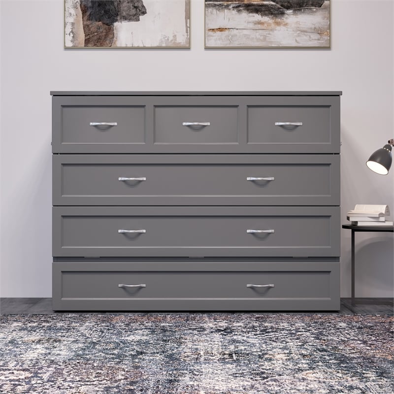 Northfield Full Solid Wood Modern Murphy Bed Chest with Mattress in Gray