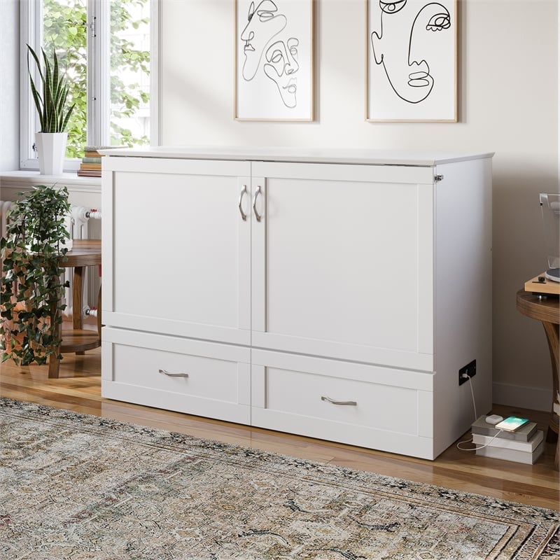 AFI Hamilton Full Solid Wood Murphy Bed Chest with Built-In Charger in White