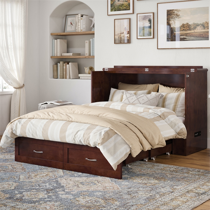 AFI Hamilton Full Solid Wood Murphy Bed Chest with Built-In Charger in Walnut
