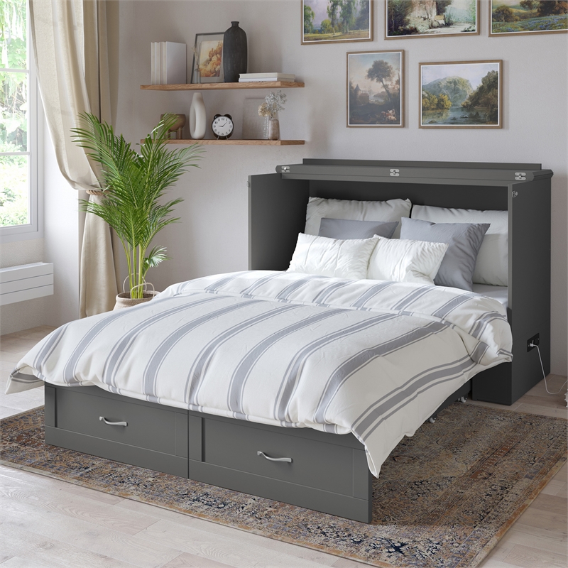 AFI Hamilton Full Solid Wood Murphy Bed Chest with Built-In Charger in Gray