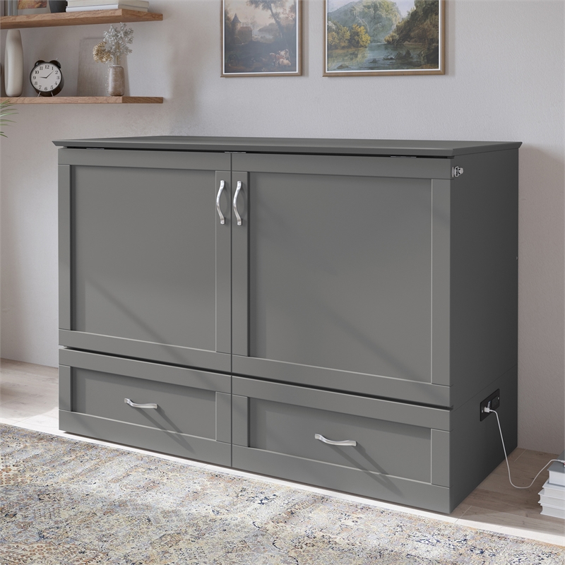 AFI Hamilton Full Solid Wood Murphy Bed Chest with Built-In Charger in Gray
