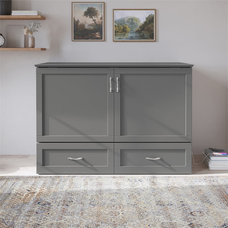 AFI Hamilton Full Solid Wood Murphy Bed Chest with Built-In Charger in Gray