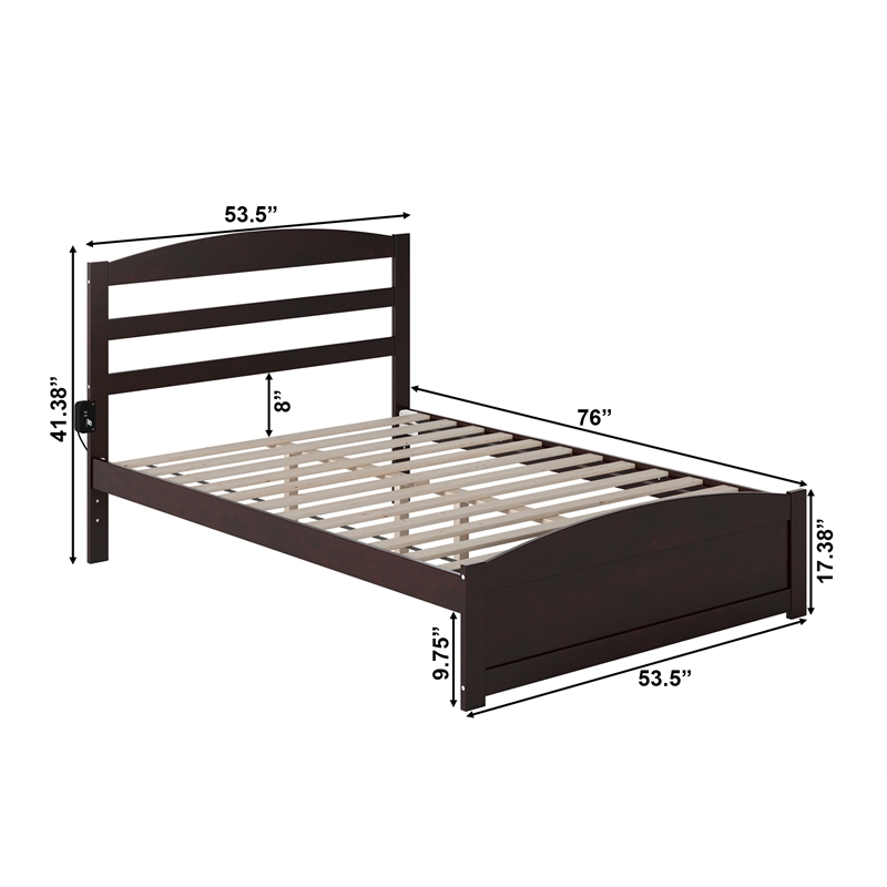 AFI Warren Solid Wood Full Platform Bed with Footboard & USB Charger in Espresso