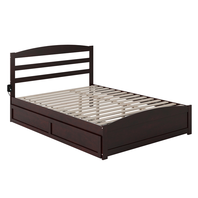 Warren Solid Wood Queen Platform Bed with Footboard Twin XL Trundle in Espresso