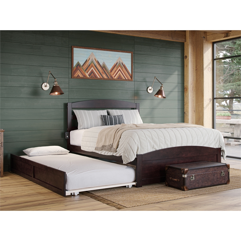 Warren Solid Wood Full Platform Bed with Footboard and Twin Trundle in Espresso