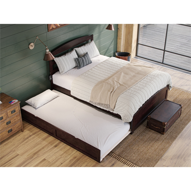 Warren Solid Wood Full Platform Bed with Footboard and Twin Trundle in Espresso