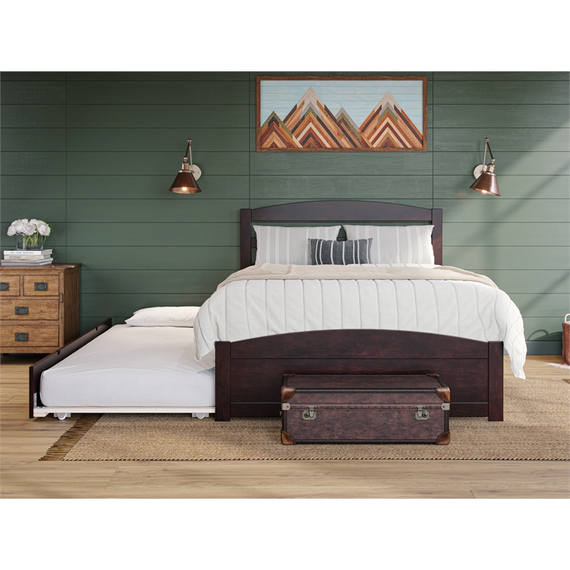 Warren Solid Wood Full Platform Bed with Footboard and Twin Trundle in Espresso