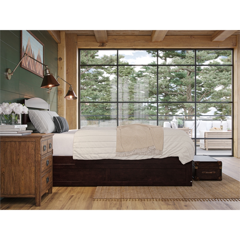 Warren Solid Wood Full Platform Bed with Footboard and Twin Trundle in Espresso