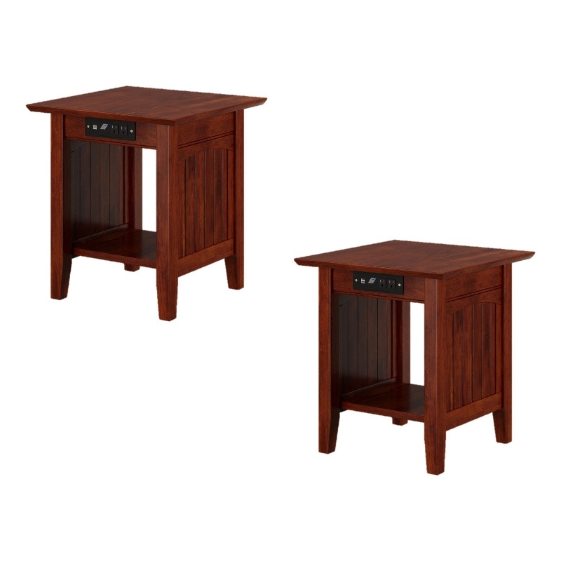 AFI Nantucket Solid Hardwood End Table with USB Charger Set of 2 Walnut