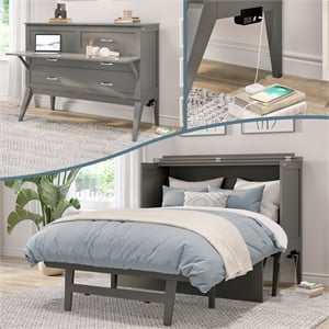 Northampton Full Wood Murphy Bed Desk with Mattress & Built-in Charger in Gray