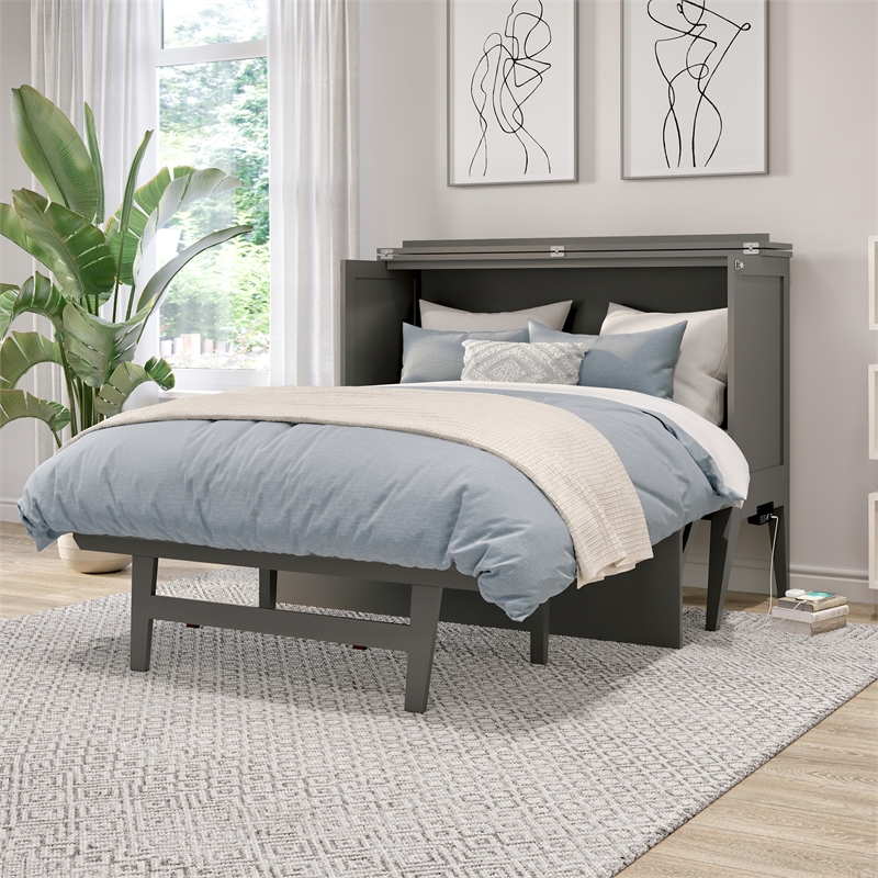 Northampton Full Wood Murphy Bed Desk with Mattress & Built-in Charger in Gray
