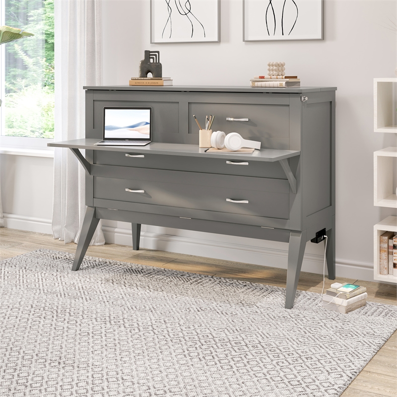 Northampton Full Wood Murphy Bed Desk with Mattress & Built-in Charger in Gray