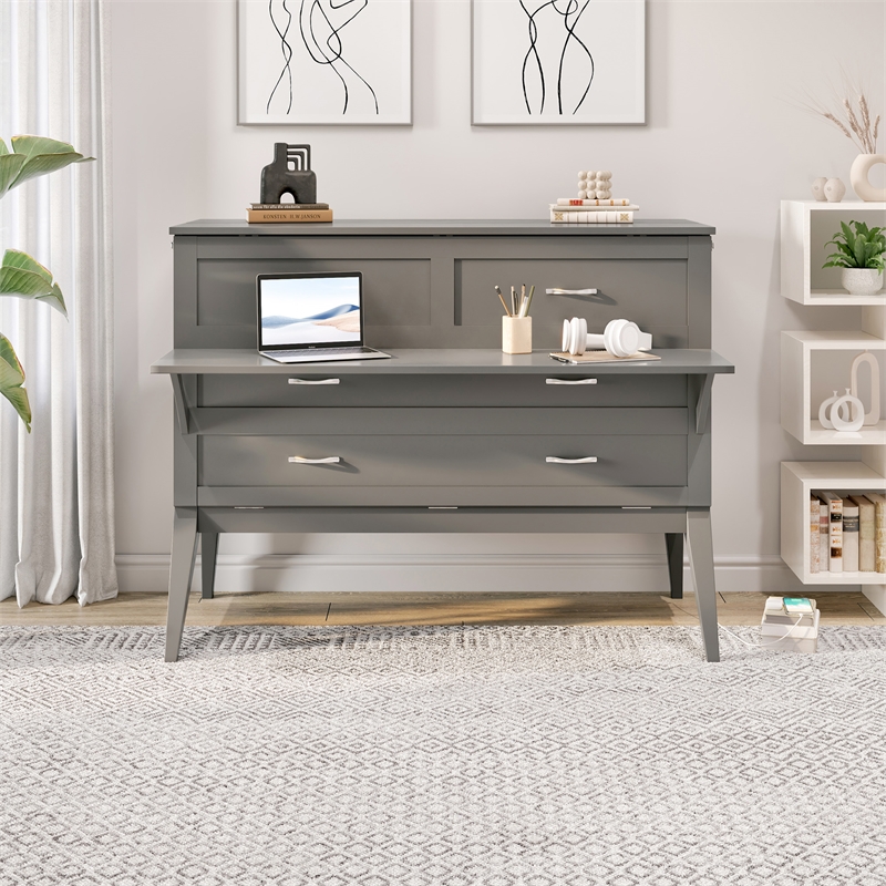 Northampton Full Wood Murphy Bed Desk with Mattress & Built-in Charger in Gray