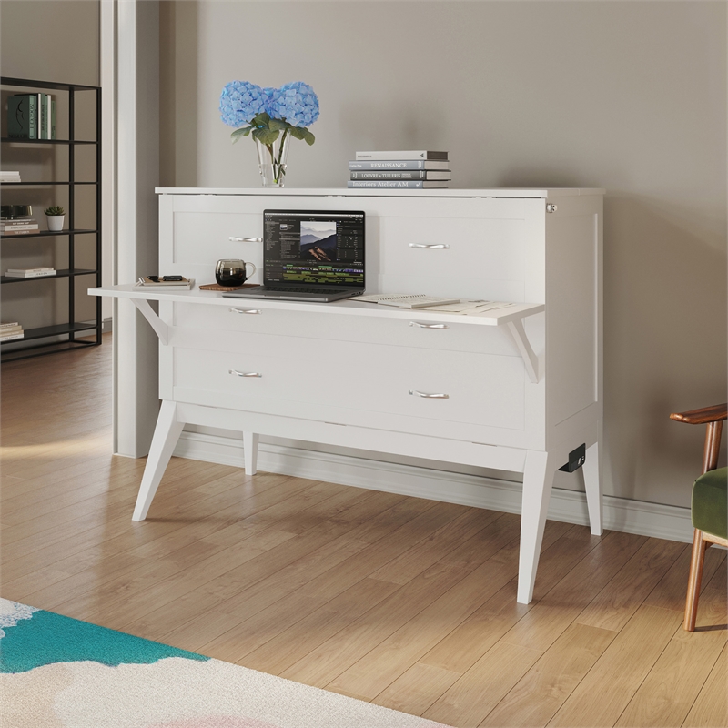 Northampton Full Wood Murphy Bed Desk with Mattress & Built-in Charger in White