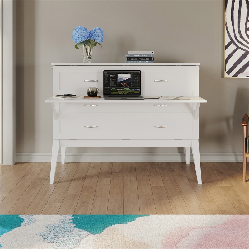 Northampton Full Wood Murphy Bed Desk with Mattress & Built-in Charger in White