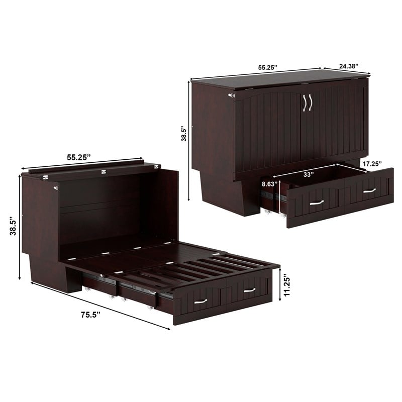 Nantucket Full Wood Murphy Bed Chest w/Mattress and Built-in Charger in Espresso